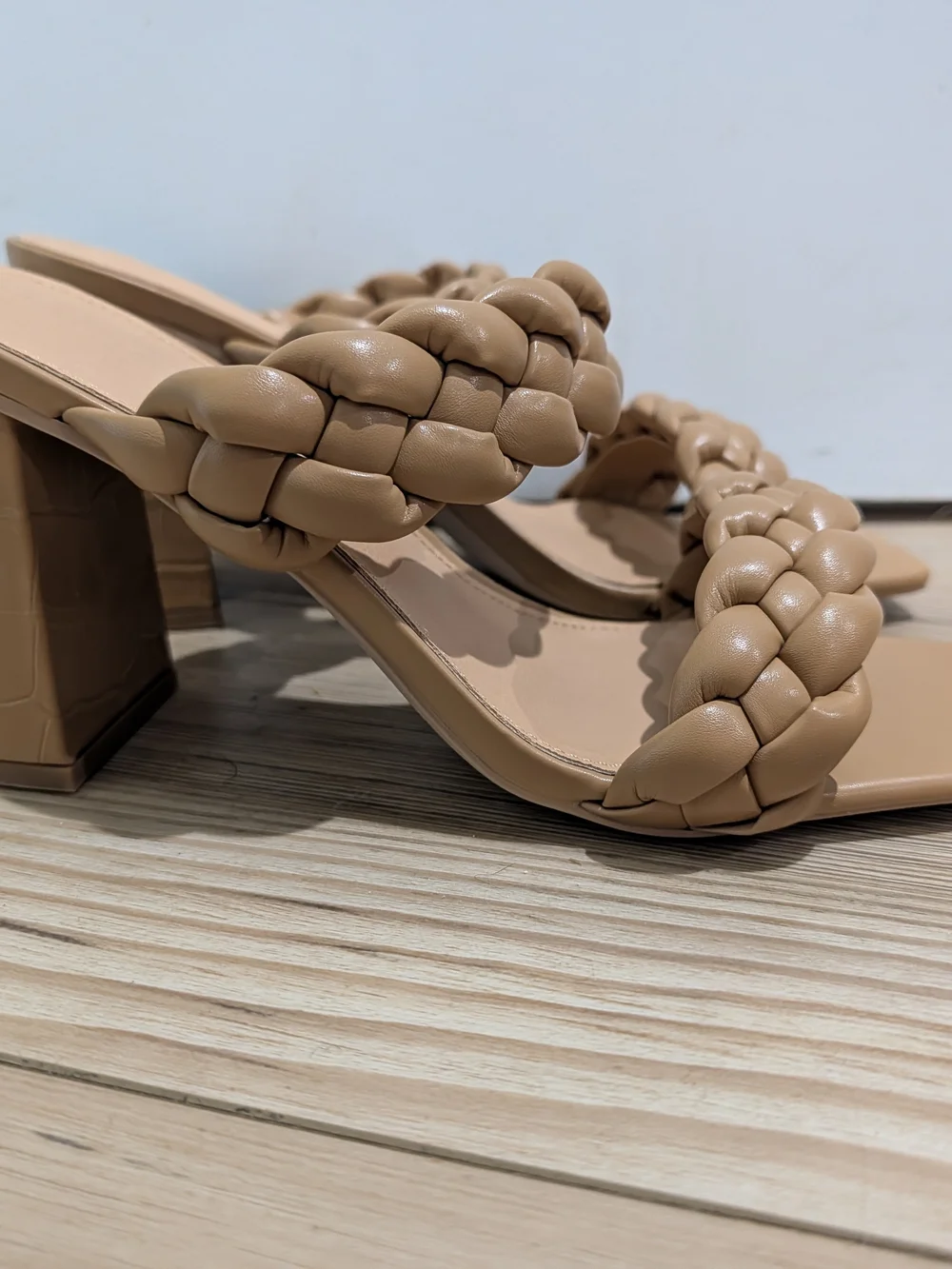 Braided Double-Strap Block Heel Mules in Tan